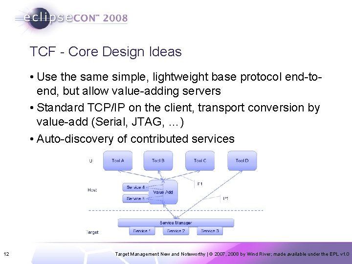 TCF - Core Design Ideas • Use the same simple, lightweight base protocol end-toend,