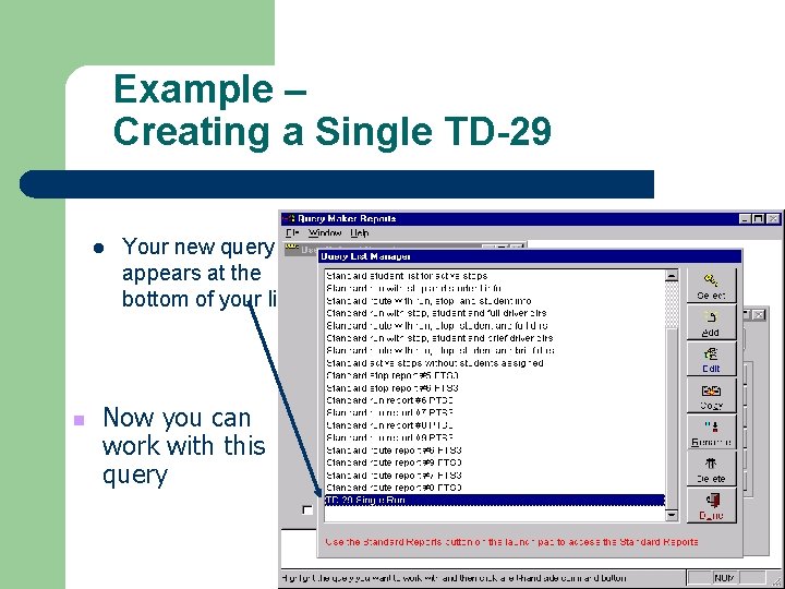 Example – Creating a Single TD-29 l n Your new query appears at the