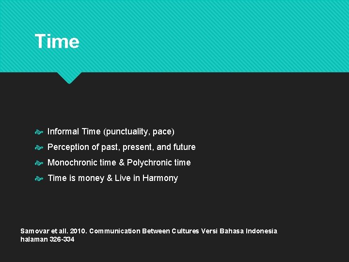 Time Informal Time (punctuality, pace) Perception of past, present, and future Monochronic time &