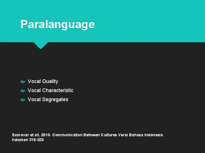 Paralanguage Vocal Quality Vocal Characteristic Vocal Segregates Samovar et all. 2010. Communication Between Cultures