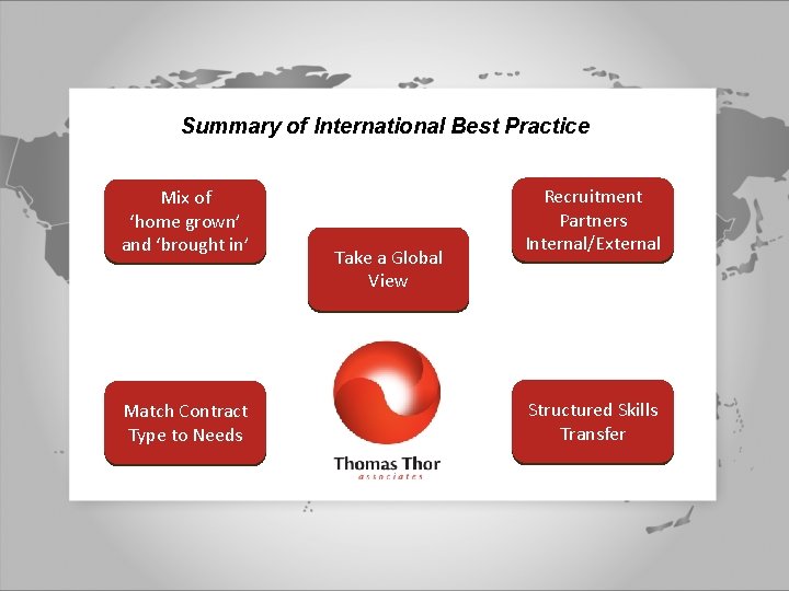 Summary of International Best Practice Mix of ‘home grown’ and ‘brought in’ Relocation, Payroll