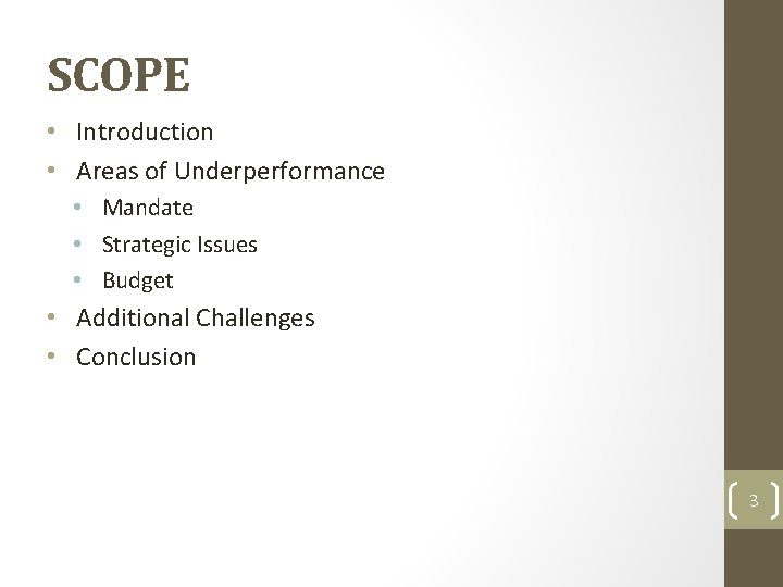 SCOPE • Introduction • Areas of Underperformance • Mandate • Strategic Issues • Budget