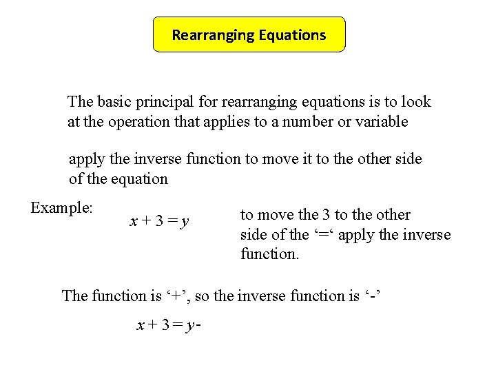 Rearranging Equations The basic principal for rearranging equations is to look at the operation