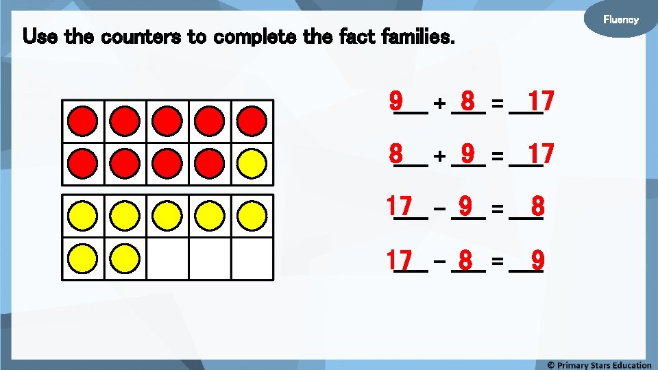 Use the counters to complete the fact families. 9_____ + _____ 8 = _____