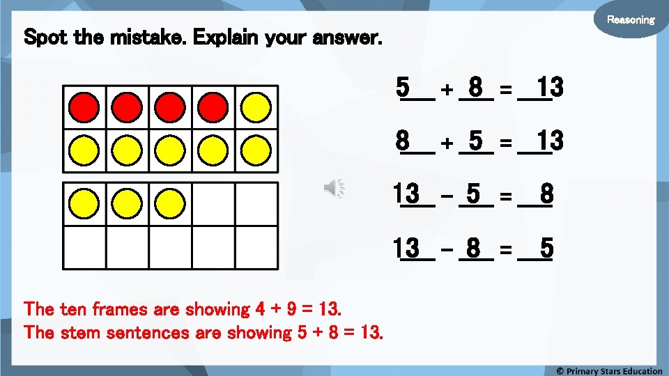 Reasoning Spot the mistake. Explain your answer. 5_____ + _____ 8 = _____ 13