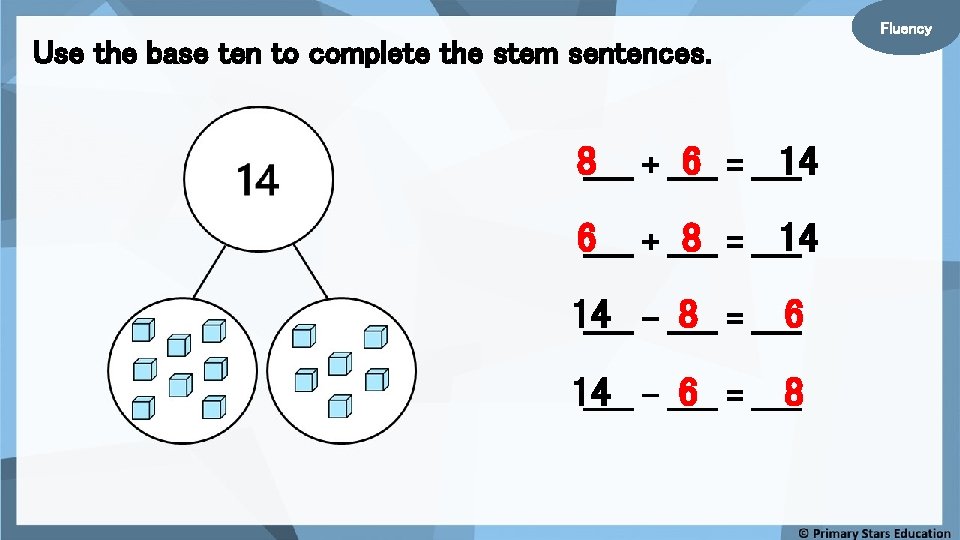 Use the base ten to complete the stem sentences. 8_____ + _____ 6 =