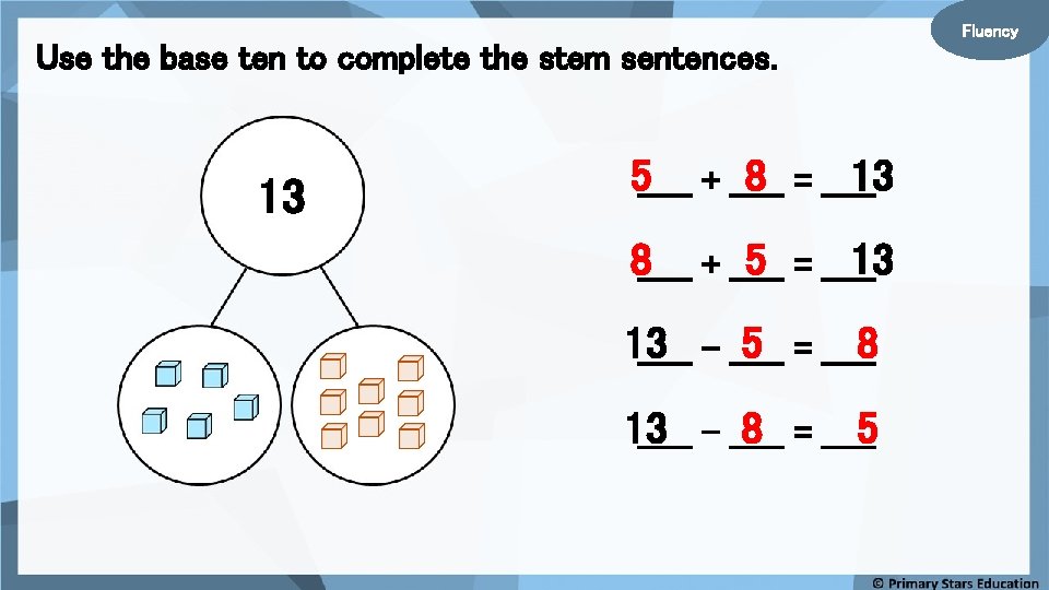 Use the base ten to complete the stem sentences. 13 5_____ + _____ 8