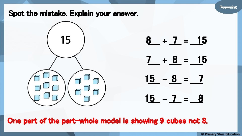 Reasoning Spot the mistake. Explain your answer. 8_____ + _____ 7 = _____ 15