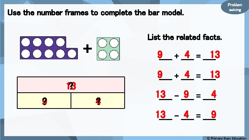 Use the number frames to complete the bar model. List the related facts. +