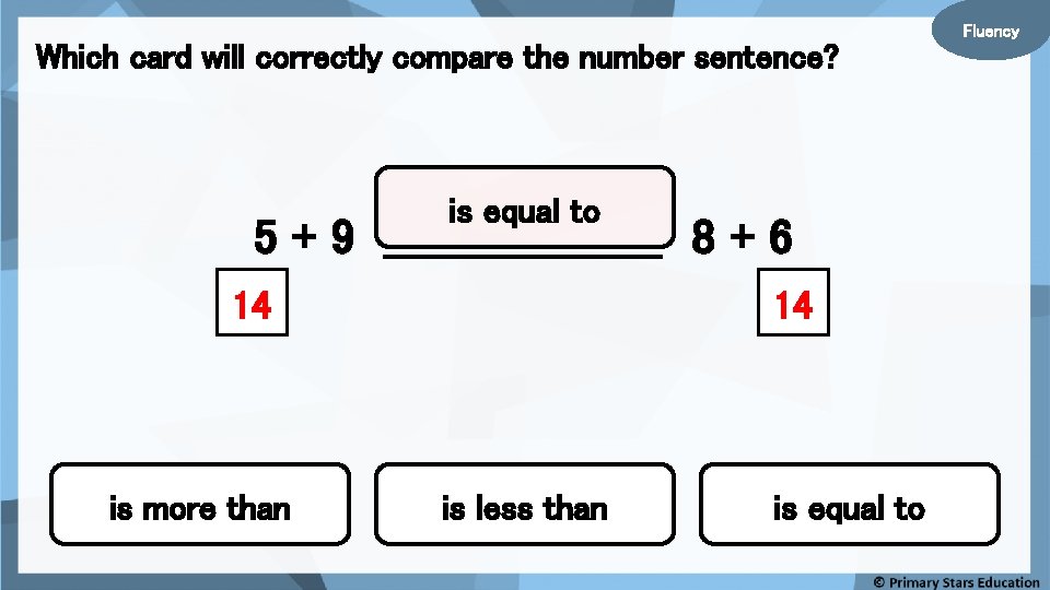 Which card will correctly compare the number sentence? is equal to 5 + 9