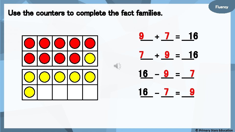 Use the counters to complete the fact families. 9_____ + _____ 7 = _____