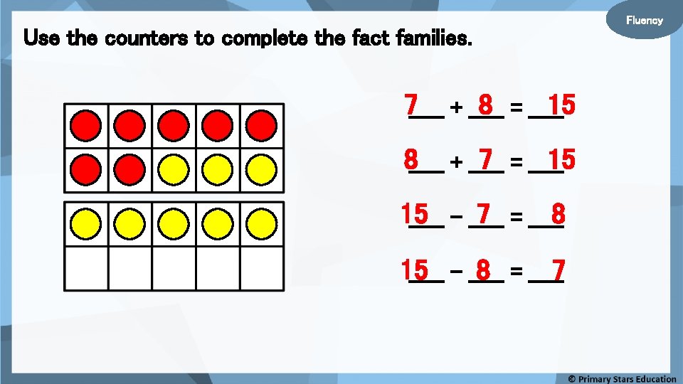 Use the counters to complete the fact families. 7_____ + _____ 8 = _____