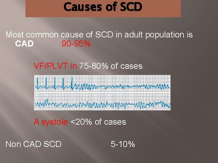 Causes of SCD Most common cause of SCD in adult population is CAD 90