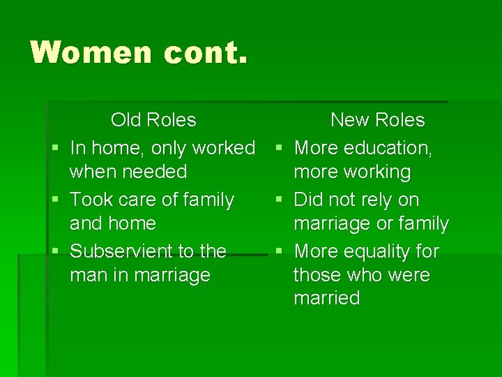 Women cont. § § § Old Roles New Roles In home, only worked §