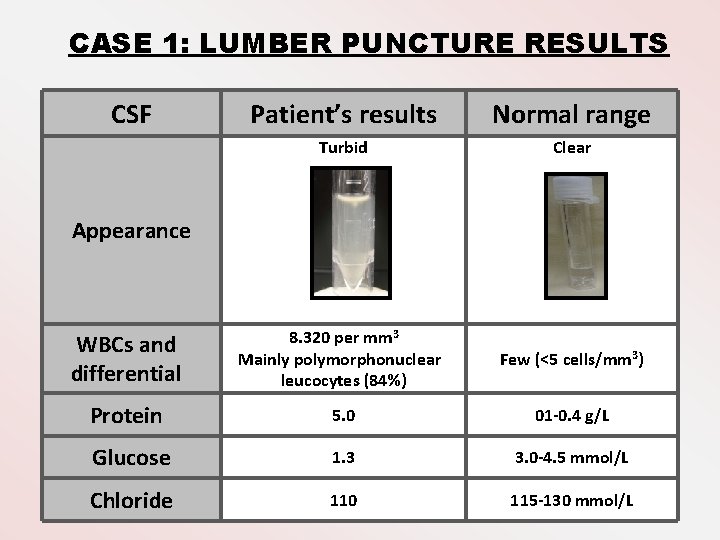 CASE 1: LUMBER PUNCTURE RESULTS CSF Patient’s results Normal range Turbid Clear WBCs and