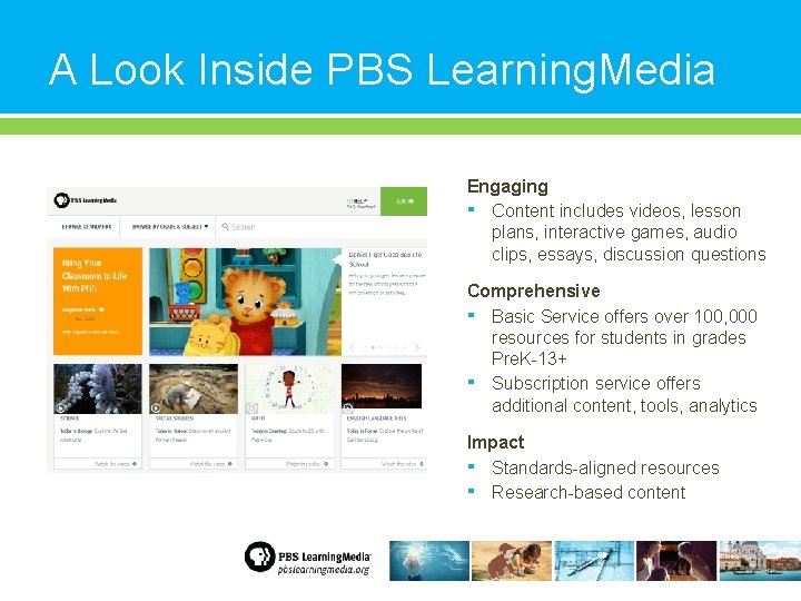 A Look Inside PBS Learning. Media Engaging ▪ Content includes videos, lesson plans, interactive