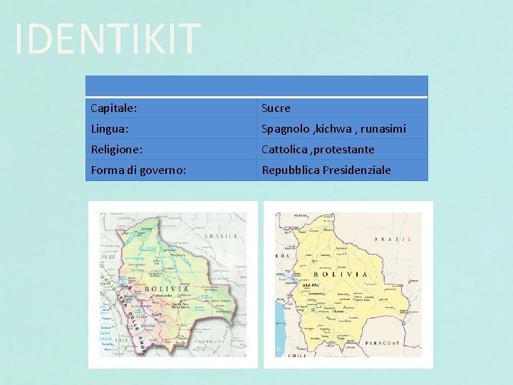 IDENTIKIT Capitale: Sucre Lingua: Spagnolo , kichwa , runasimi Religione: Cattolica , protestante Forma