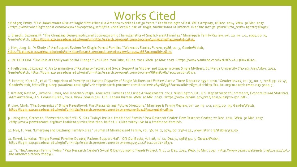 Works Cited 1. Badger, Emily. "The Unbelievable Rise of Single Motherhood in America over