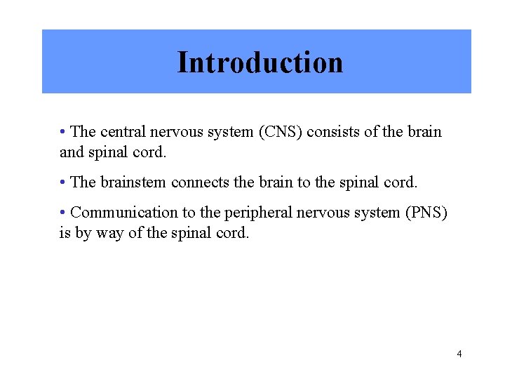 Introduction • The central nervous system (CNS) consists of the brain and spinal cord.