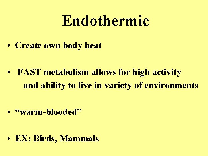 Endothermic • Create own body heat • FAST metabolism allows for high activity and