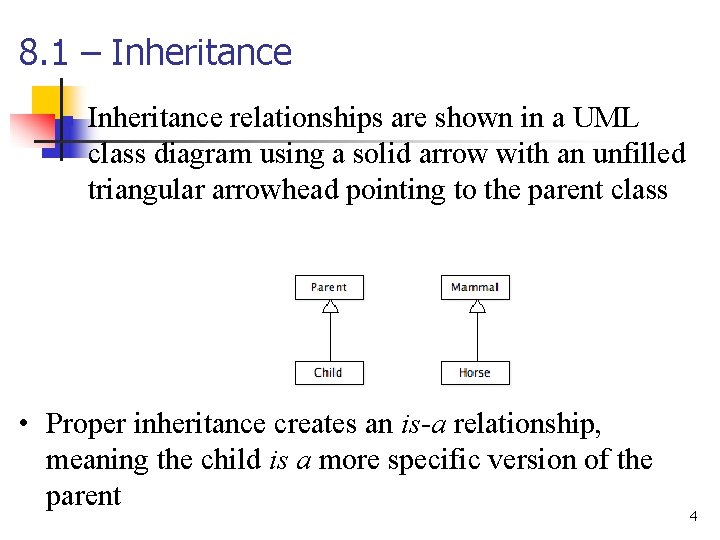 8. 1 – Inheritance n Inheritance relationships are shown in a UML class diagram