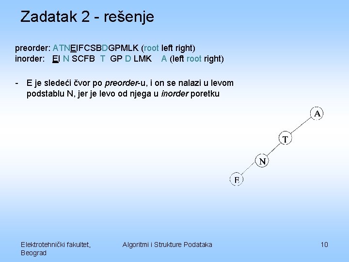 Zadatak 2 - rešenje preorder: ATNEIFCSBDGPMLK (root left right) inorder: EI N SCFB T