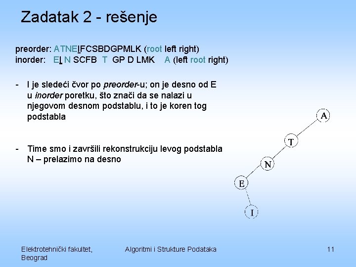 Zadatak 2 - rešenje preorder: ATNEIFCSBDGPMLK (root left right) inorder: EI N SCFB T