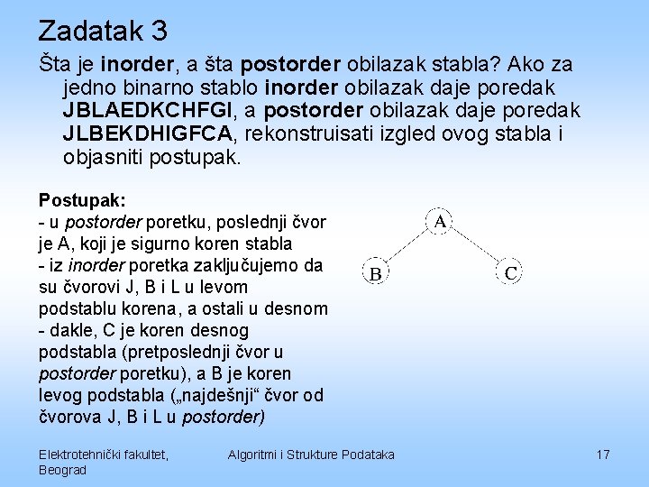 Zadatak 3 Šta je inorder, a šta postorder obilazak stabla? Ako za jedno binarno