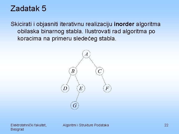 Zadatak 5 Skicirati i objasniti iterativnu realizaciju inorder algoritma obilaska binarnog stabla. Ilustrovati rad