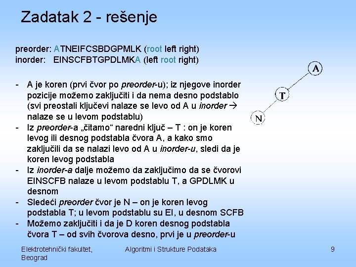 Zadatak 2 - rešenje preorder: ATNEIFCSBDGPMLK (root left right) inorder: EINSCFBTGPDLMKA (left root right)