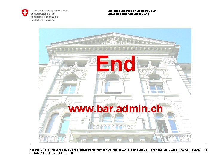 Eidgenössisches Departement des Innern EDI Schweizerisches Bundesarchiv BAR End www. bar. admin. ch Records