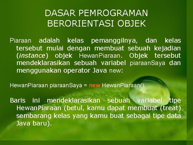DASAR PEMROGRAMAN BERORIENTASI OBJEK Piaraan adalah kelas pemanggilnya, dan kelas tersebut mulai dengan membuat