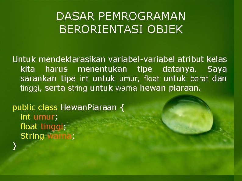 DASAR PEMROGRAMAN BERORIENTASI OBJEK Untuk mendeklarasikan variabel-variabel atribut kelas kita harus menentukan tipe datanya.