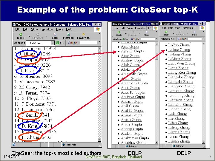 Example of the problem: Cite. Seer top-K Suspicious entries – Lets go to DBLP