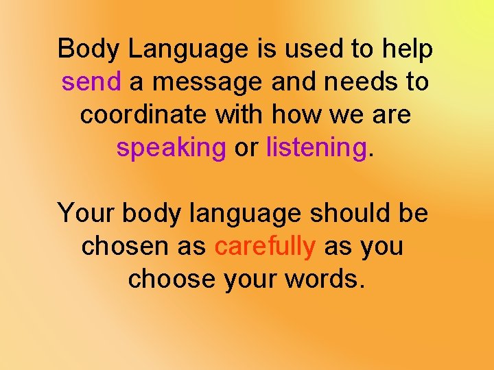 Body Language is used to help send a message and needs to coordinate with