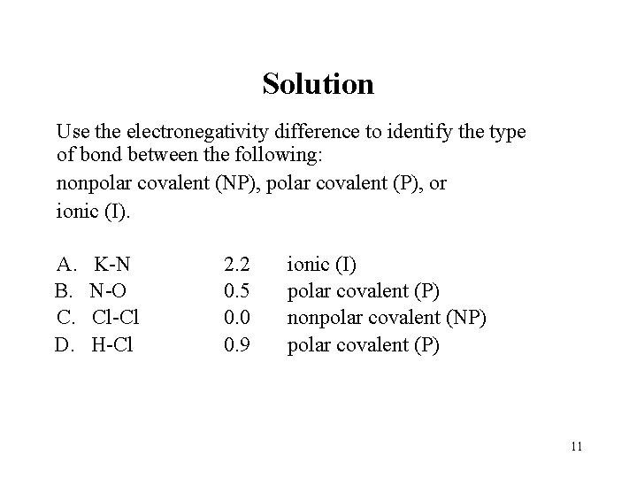 Solution Use the electronegativity difference to identify the type of bond between the following: