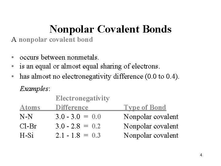 Nonpolar Covalent Bonds A nonpolar covalent bond • occurs between nonmetals. • is an