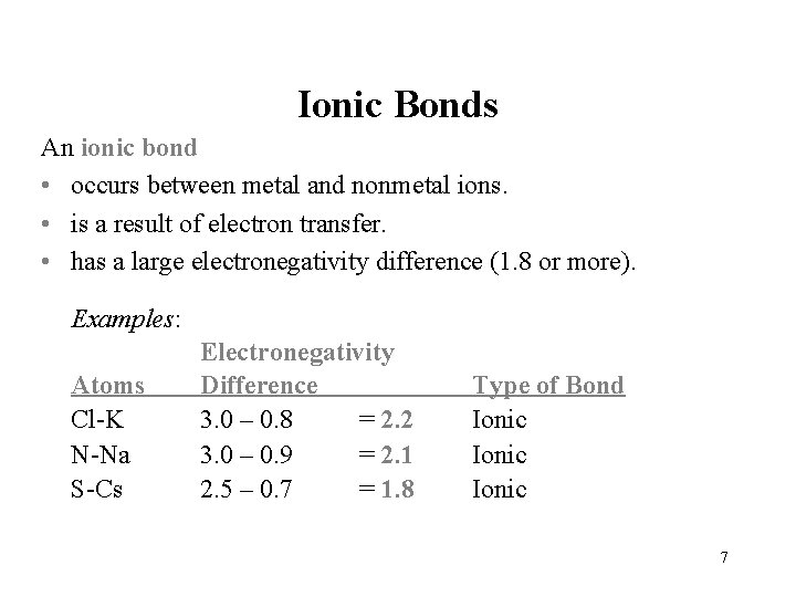Ionic Bonds An ionic bond • occurs between metal and nonmetal ions. • is