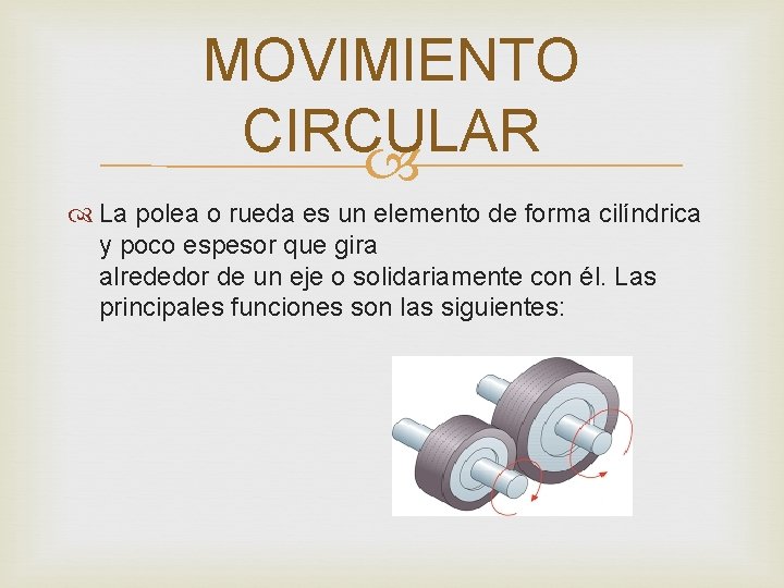 MOVIMIENTO CIRCULAR La polea o rueda es un elemento de forma cilíndrica y poco