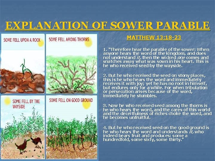 EXPLANATION OF SOWER PARABLE MATTHEW 13: 18 -23 1. “Therefore hear the parable of