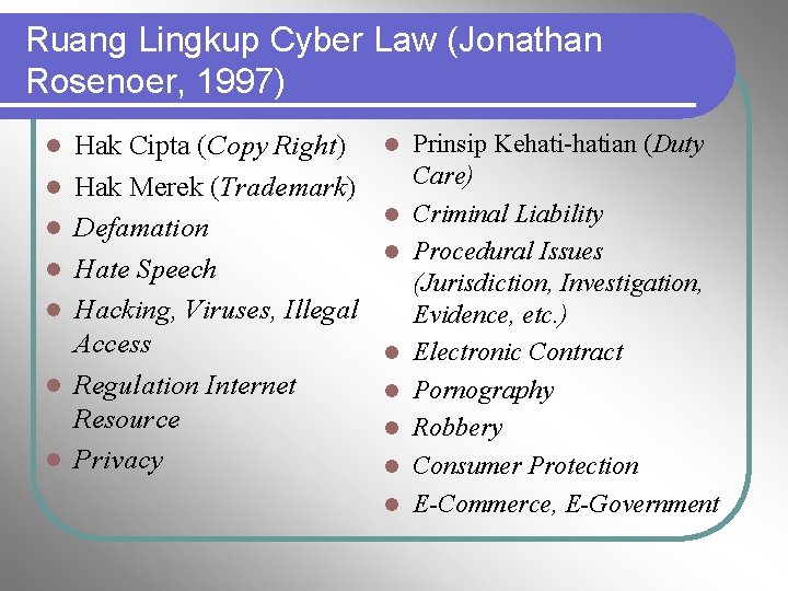 Ruang Lingkup Cyber Law (Jonathan Rosenoer, 1997) l l l l Hak Cipta (Copy