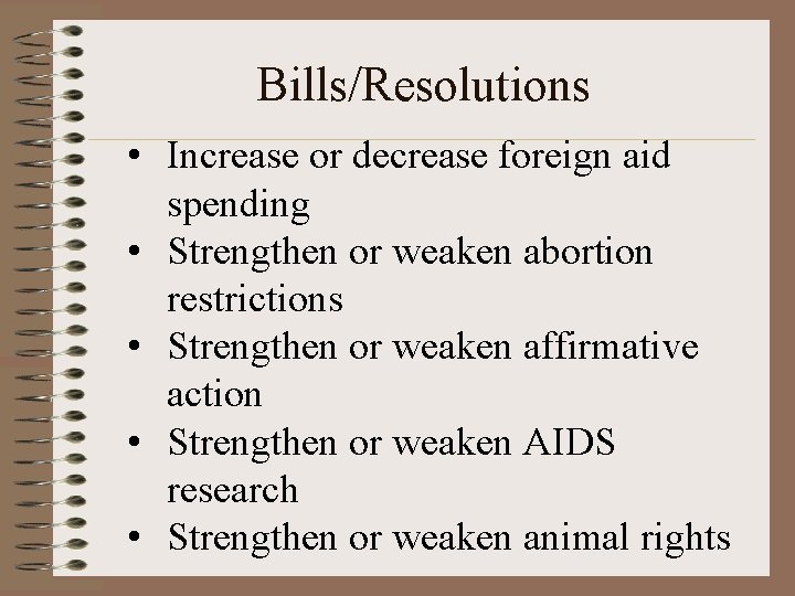 Bills/Resolutions • Increase or decrease foreign aid spending • Strengthen or weaken abortion restrictions