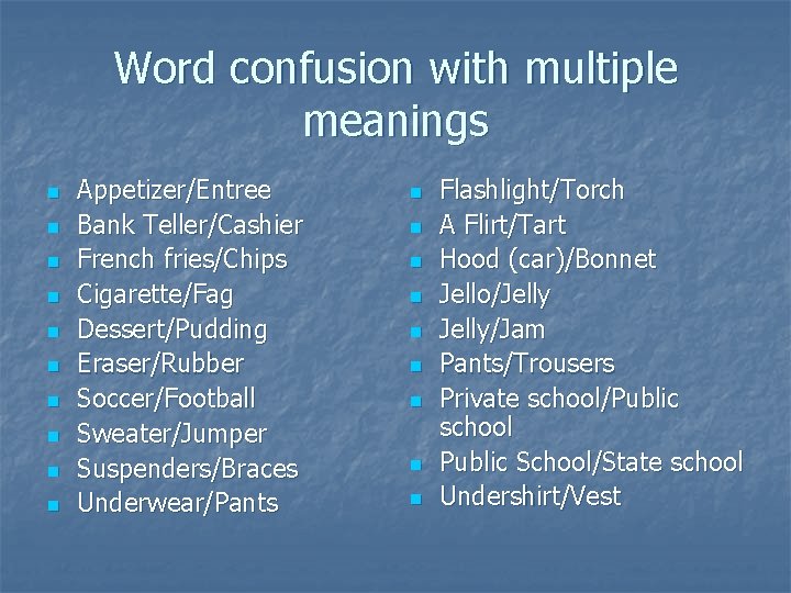 Word confusion with multiple meanings n n n n n Appetizer/Entree Bank Teller/Cashier French