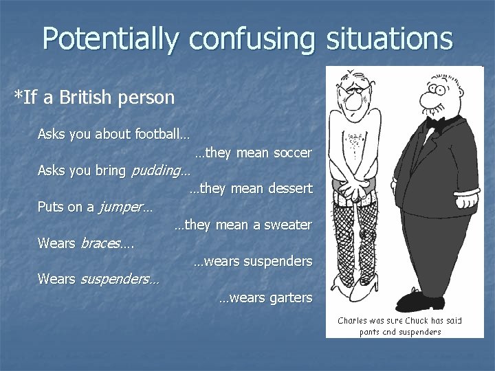 Potentially confusing situations *If a British person Asks you about football… …they mean soccer
