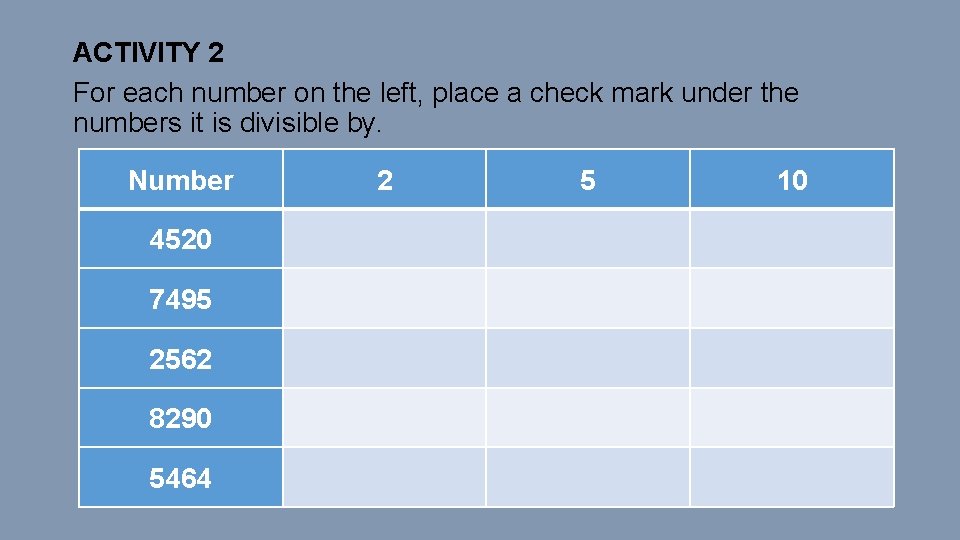 ACTIVITY 2 For each number on the left, place a check mark under the