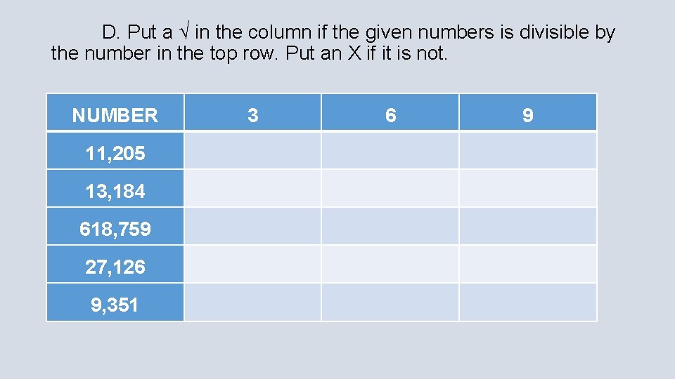 D. Put a √ in the column if the given numbers is divisible by