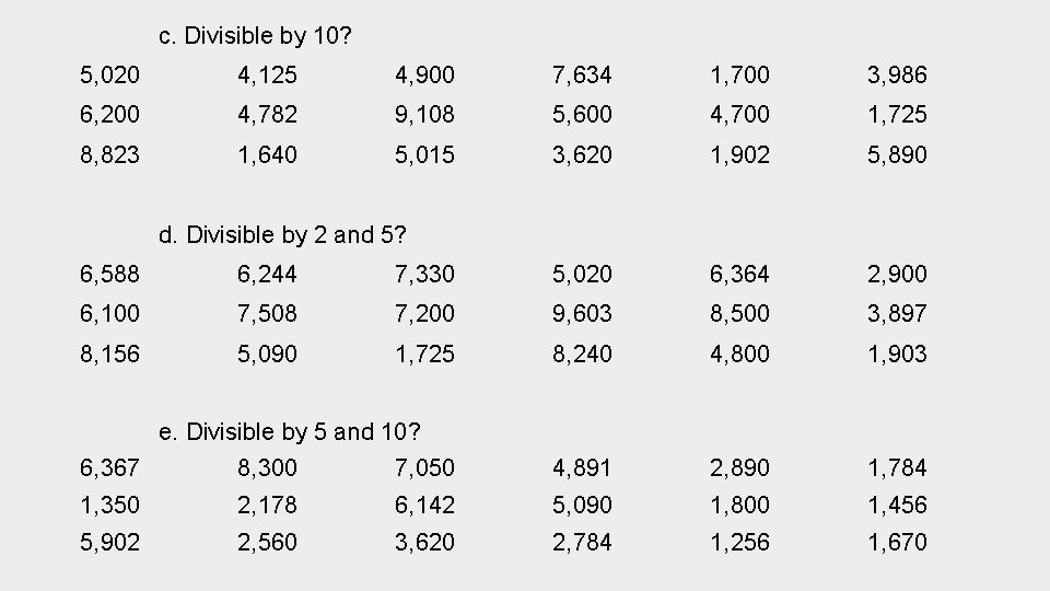 c. Divisible by 10? 5, 020 4, 125 4, 900 7, 634 1, 700