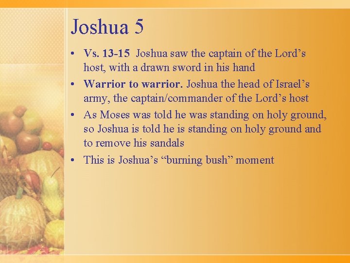 Joshua 5 • Vs. 13 -15 Joshua saw the captain of the Lord’s host,