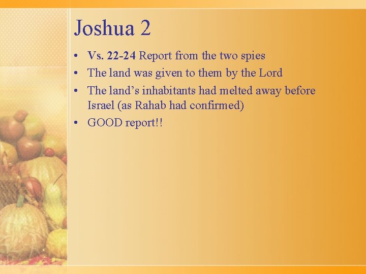 Joshua 2 • Vs. 22 -24 Report from the two spies • The land