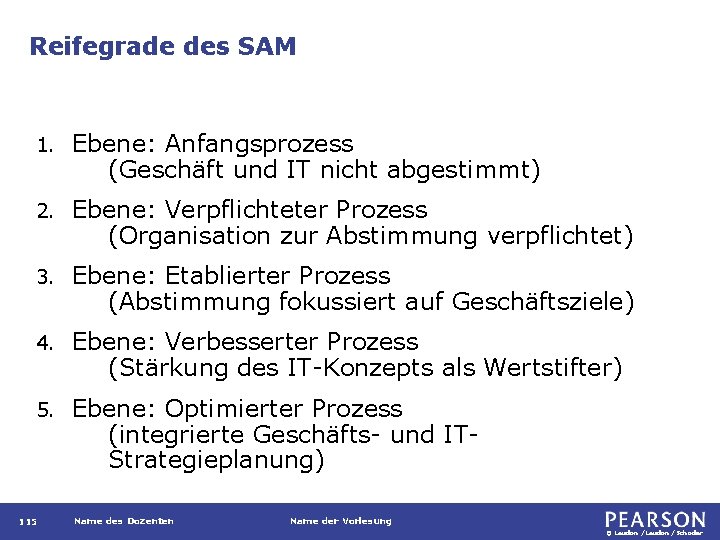Reifegrade des SAM 1. Ebene: Anfangsprozess (Geschäft und IT nicht abgestimmt) 2. Ebene: Verpflichteter
